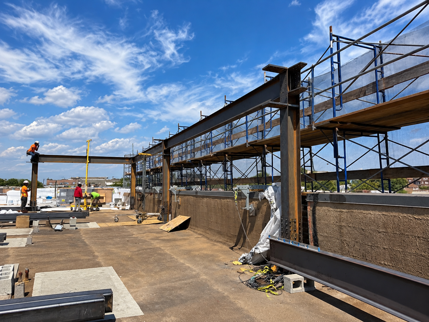 Rooftop structural steel framing under construction at Bronx Arts and Science Charter School, Bronx, New York