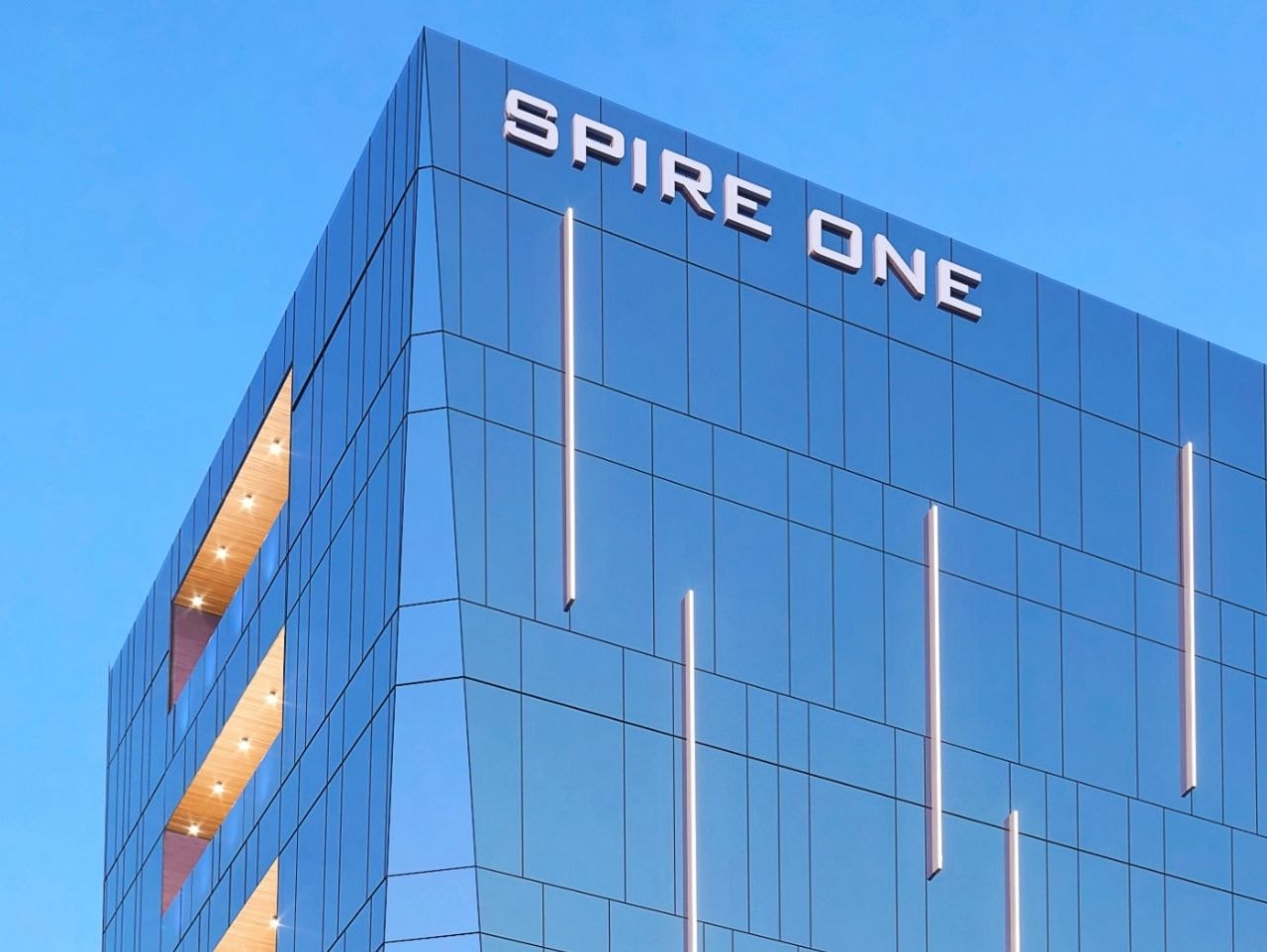 Spire One — completed curtain wall façade with SPIRE ONE signage, Lakewood, New Jersey