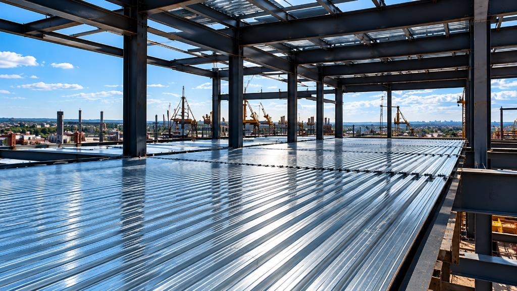 Installed corrugated metal decking across a structural steel framed building interior