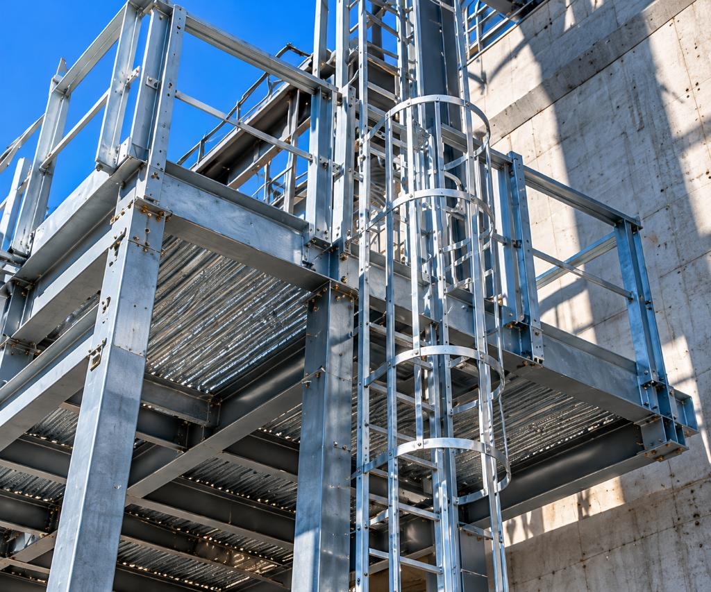 Galvanized steel platform with safety-caged access ladder on a Blue Wave Steel commercial project