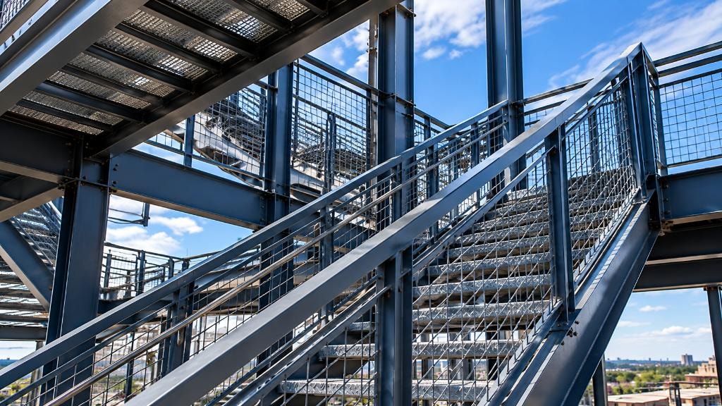 Close architectural view of fabricated steel stairs and railings on a commercial construction project
