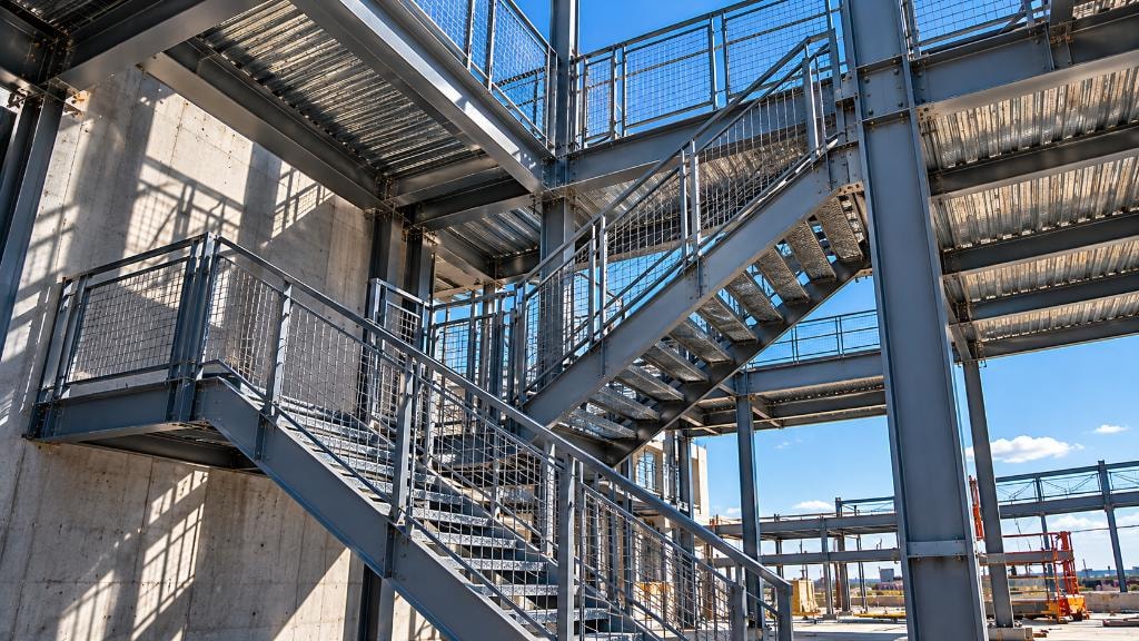 Wide-angle view of structural steel stairs and railings on a Blue Wave Steel commercial project