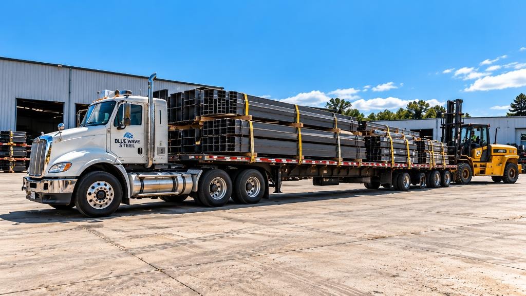 Blue Wave Steel flatbed truck loaded with structural steel in a warehouse loading yard